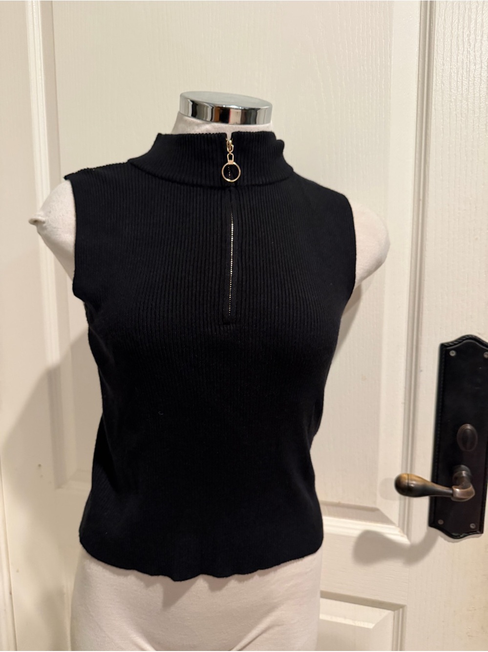 Sleeveless Mock Neck Zip Front Knit Top - Black